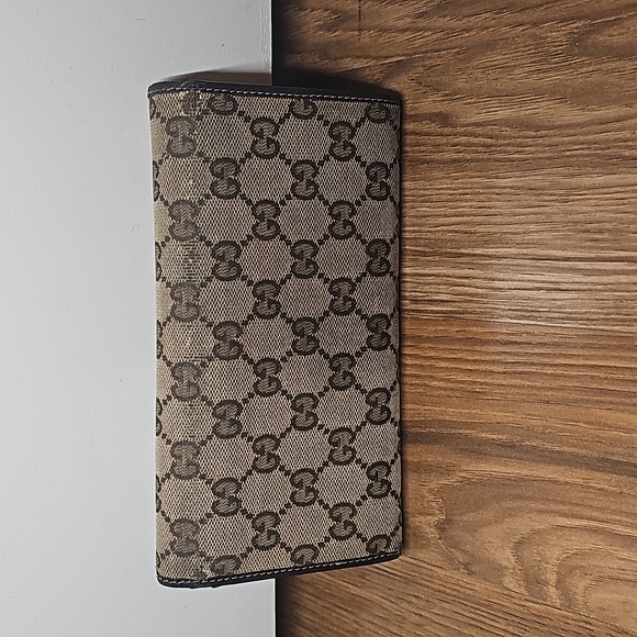 🔥GUCCI HEART SIGNATURE JACQUARD GG BROWN LEATHER TRIM WALLET - Picture 2 of 10